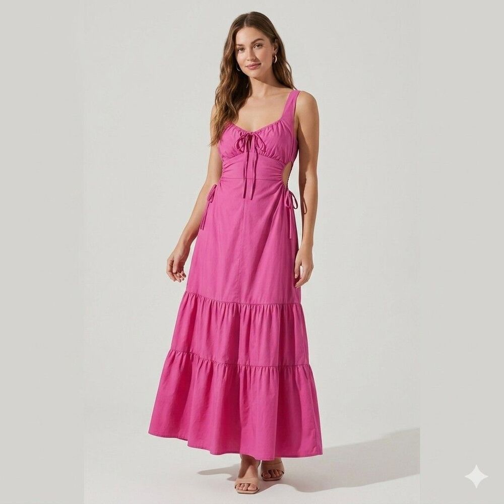 ASTR The Label Fuchsia Cotton Tiered Maxi Dress Ruched Side Tie Cutout Medium M